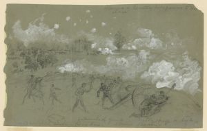 Alfred Waud's on-site drawing of Pickett's Charge on the third day of the Battle of Gettysburg. Waud was one of two artists who were present at the battle. From Battlelines: Gettysburg.
